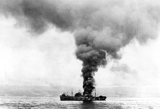 The US Navy troop transport USS George F. Elliott (AP-13) burning between Guadalcanal and Tulagi, after she was hit by a crashing Japanese aircraft during an air attack on 8 August 1942.